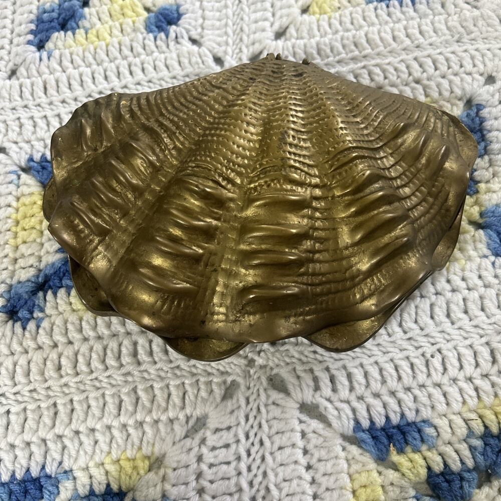 Vintage Solid Brass Hinge Clamshell 1970s Nautical Sea 10x7 Inch Decor